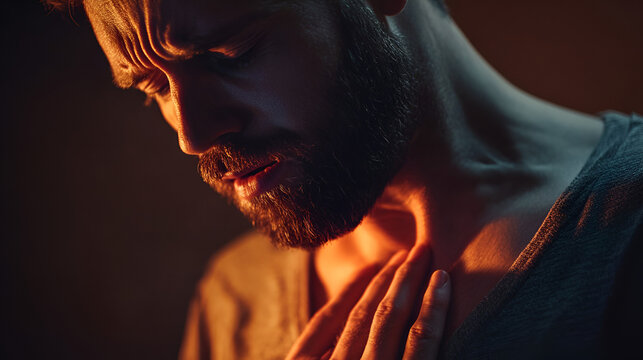 un hombre con dolor en el pecho sentirse mal con estr&eacute;s y tesion persona con problemas e salud o depresion