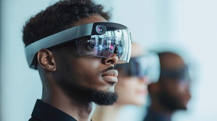 Global team collaborating via AR glasses, seamless interaction in a digital workspace, cutting-edge tech, advanced remote collaboration