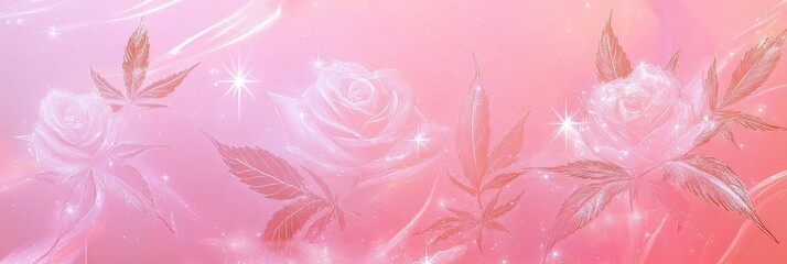 airbrushed white glowing roses, stars and cannabis leaves in light wispy pink, 