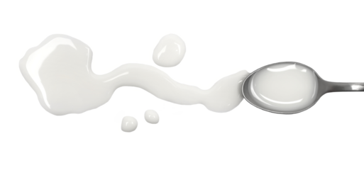 Spilled milk puddle with metal spoon isolated on white background and texture, top view