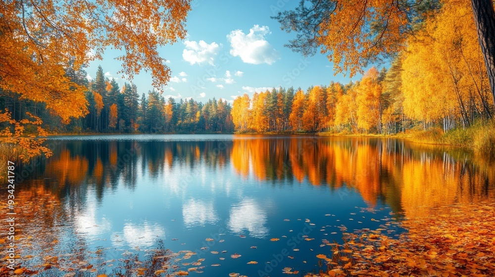 Poster golden leaves dance on the surface of a calm lake, mirroring the stunning array of autumn colors ben