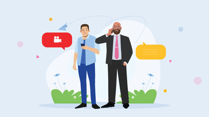 Illustration of two businessmen communicating via mobile devices, one on a video call and the other in a voice call, representing modern communication, remote work, and business connectivity.

