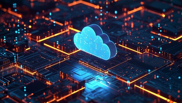 A digital illustration depicting cloud computing, with glowing data blocks and an abstract blue cloud icon floating above them, symbolizing technology services for online storage
