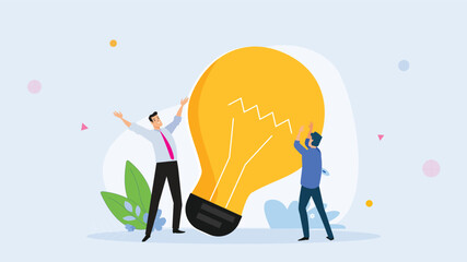 Illustration of two businessmen collaboratively holding a large light bulb, symbolizing teamwork in generating ideas, innovation, and the development of creative solutions.

