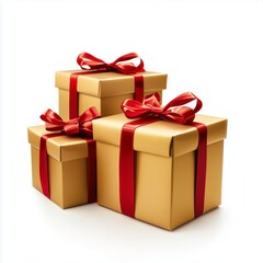 Fototapeta premium Three golden gift boxes with red ribbons isolated on a white background front view