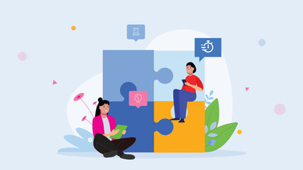 Illustration featuring two individuals working with large puzzle pieces, symbolizing problem-solving, collaboration, and strategic thinking. The scene represents teamwork