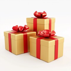 Three golden gift boxes with red ribbons isolated on a white background in the front view