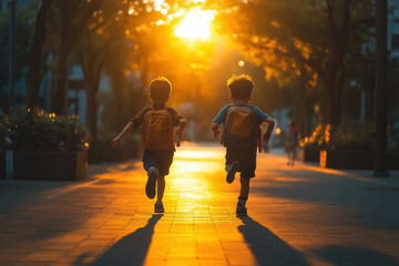 Obraz premium Kids Running To School Wearing Backpack