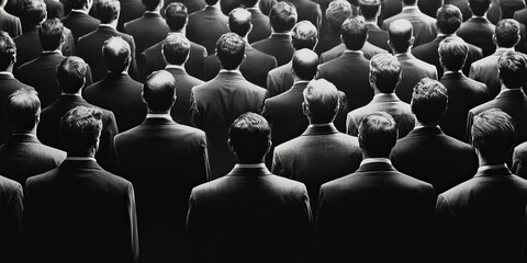 Obraz premium A black and white photo of a large group of people, all wearing suits, from the back, Generative AI