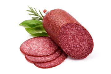 Traditional salami smoked sausage, isolated on white background. High resolution image.
