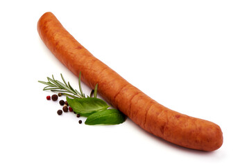 Smoked pork Krakow sausage, isolated on white background.