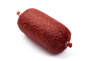 Traditional salami smoked sausage, isolated on white background. High resolution image.