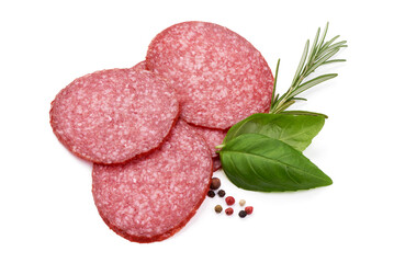 Traditional salami smoked sausage, isolated on white background. High resolution image.