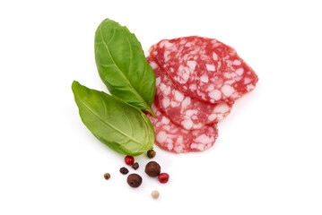 Italian sausage. Tasty dried sausage, close-up, isolated on white background.