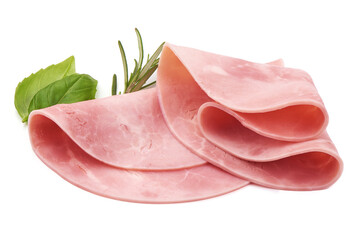 Sliced boiled ham sausage, isolated on white background.