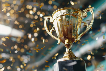Golden trophy and confetti on navy blue background. Sport, victory, success, business leader, achievement concept