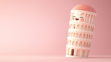 A playful, pink rendition of the Leaning Tower of Pisa with a mustachioed face, symbolizing creativity, humor, and a whimsical take on iconic landmarks.