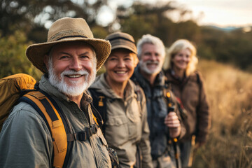 Fototapeta premium Happy seniors hiking group in nature, Generative AI
