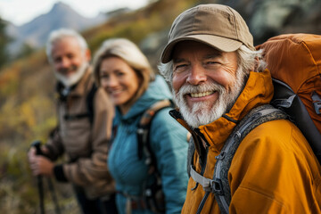 Happy seniors hiking group in nature, Generative AI