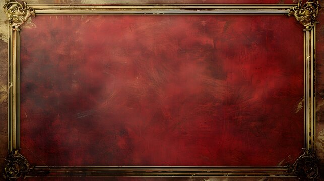 Vintage ornate gold frame on a dark red textured background with aged details