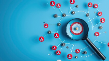 A magnifying glass focuses on a target within a network of connected people icons. The icons are connected by white lines and are arranged in a circular pattern on a blue background.