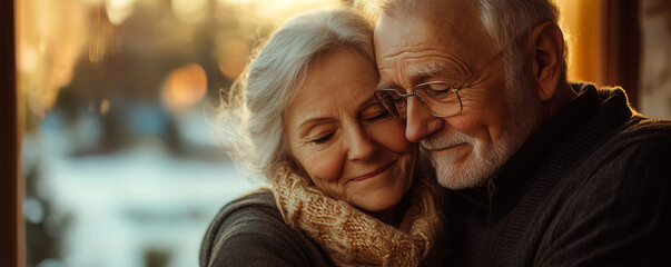 Obraz premium Composite image of senior couple embracing each other at home, Generative AI