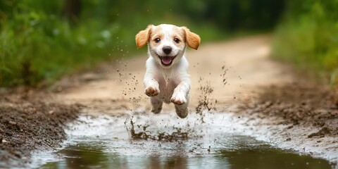 excited puppy jumping in puddle