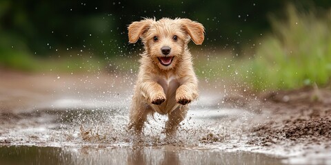 excited puppy jumping in puddle