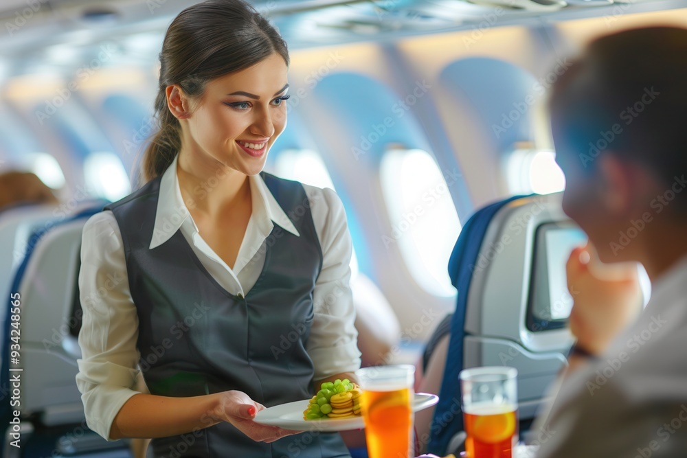 Poster a flight attendant cheerfully presents a meal to a passenger while serving drinks in the cabin of an