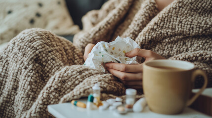 A person wrapped in a thick blanket, holding tissues, with a cup of tea and various medications on a table, suggesting they're feeling unwell.