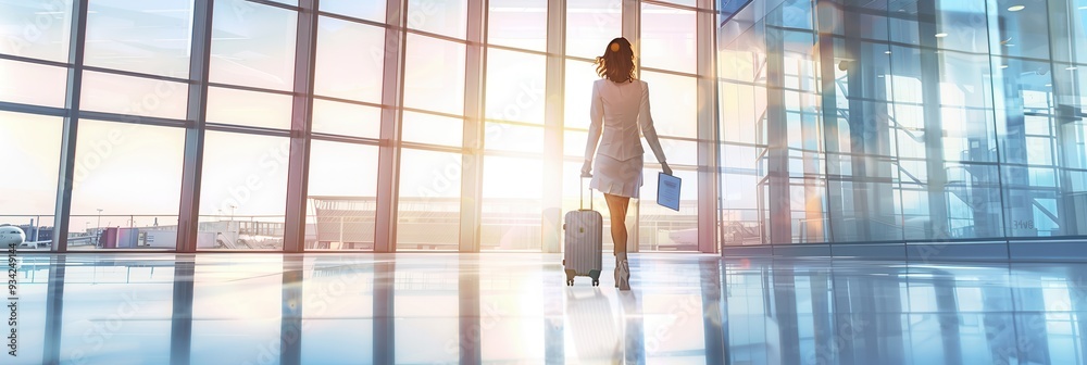 Poster a flight attendant walks confidently through a bright airport terminal, pulling a suitcase behind he