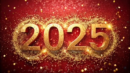 The year "2025" is depicted in glowing gold on a red background with sparkling elements. Perfect for New Year's greetings, festive decor, and holiday marketing campaigns.