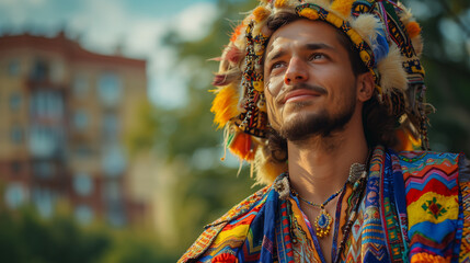 Fototapeta premium Portrait of Handsome Romania Man in Traditional Costume against Countryside Local Village Background, Highlighting Cultural Heritage and Modern Contrast