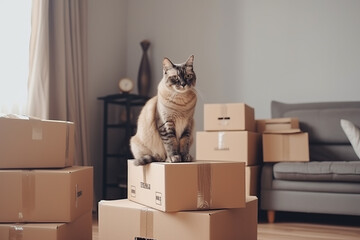 Fototapeta premium Stack of cardboard boxes and cat sitting in empty