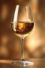 Elegant Glass Of White Wine Displayed On A Wooden Surface With Warm Background Lighting