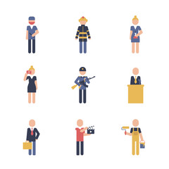 Chef, waiter, builder, businessman, gardener, pilot, flight attendant, artist, policeman color pictograms in simple style. Collector job occupation sign pictogram symbol icon.