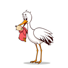 Naklejka premium Stork carrying baby cartoon icon illustration on white background. Generative AI