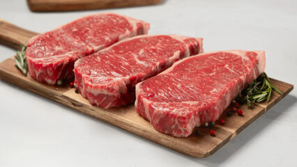 Closeup of strip steaks on a wooden cutting board.