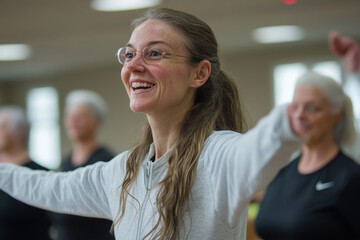 Female instructor leading a senior's fitness class, Generative AI