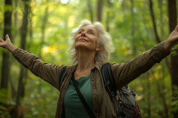 A woman age 60-70 with her arms outstretched to the sky in a forest, Generative AI