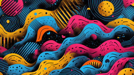 Abstract digital artwork featuring vibrant waves and shapes in blue, pink, and yellow. Concept of creativity, fluidity, and visual rhythm.