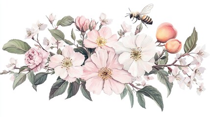 Vintage garden watercolor bouquet featuring blooming pink flowers and branches from cherry peach pear sakura and apple trees along with English roses and a bee presented as an isolated botanical i
