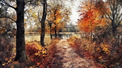Obraz premium Watercolor depiction of a dirt path through a park during autumn