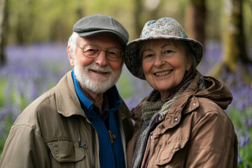 Fototapeta premium Senior couple in bluebell woods, Generative AI
