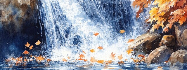 Fototapeta premium Watercolor artwork depicting a splashing waterfall with autumn leaves scattered in the water