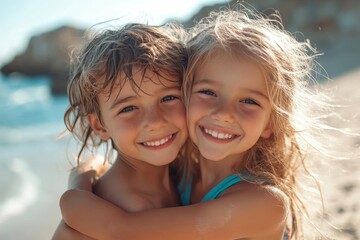 Siblings hugging at the beach on a sunny day on vacation. Cute smiling siblings hugging on beach, Generative AI