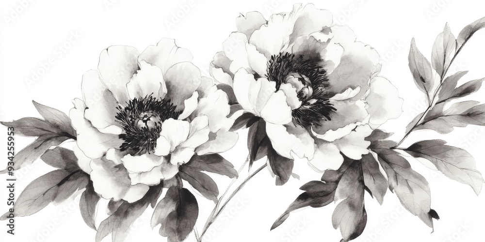 Wall mural peony flowers depicted in a traditional oriental style hand drawn with ink and watercolor featuring 