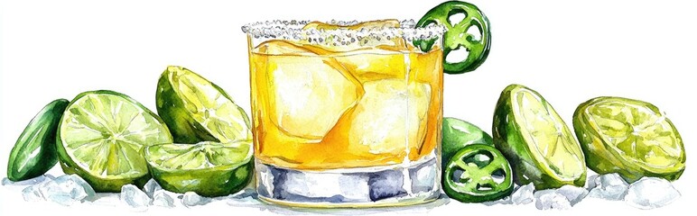 Summer cocktail arrangement featuring a spicy lime margarita served in a short glass with salt ice and jalapeno Watercolor hand drawn illustration on a white background ideal for alcoholic beverag