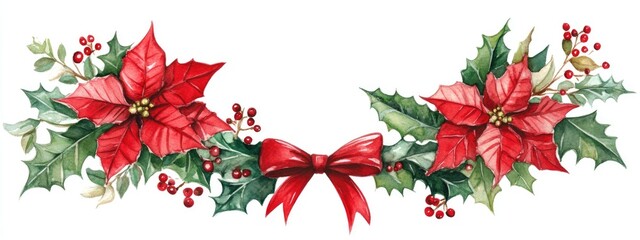 Watercolor Christmas wreath featuring red poinsettia flowers holly leaves berries and a bow on a white background Floral composition suitable for greeting cards and designs