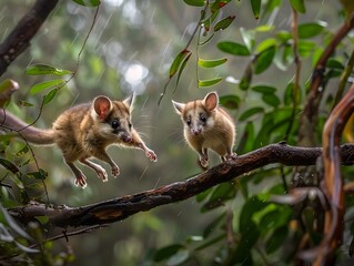 Leadbeater s Possums Leaping Amidst Lush Foliage in Dynamic Forest Composition
